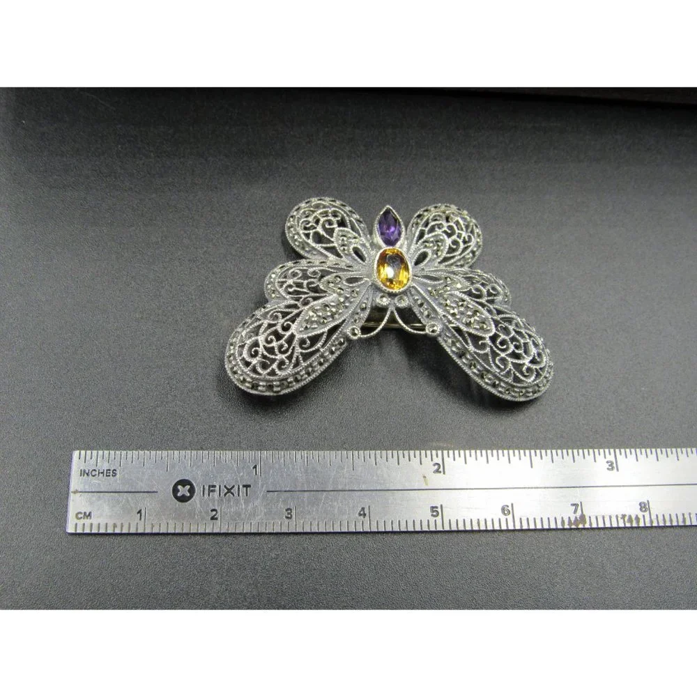 Sterling Silver Citrine Amethyst Marcasite Butterfly Pin Brooch - Picture 6 of 7